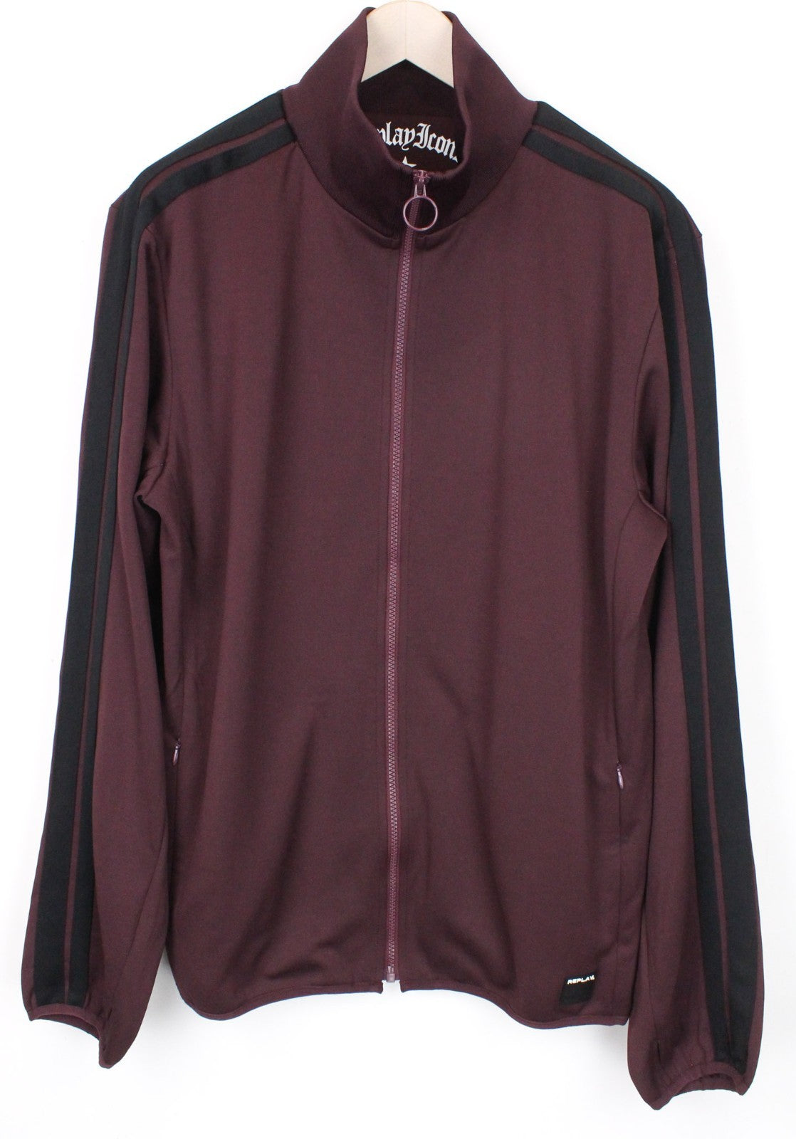 REPLAY Men Sweatshirt 2XL Sport Burgundy High Neck Jersey Track Zip Up Ribbed