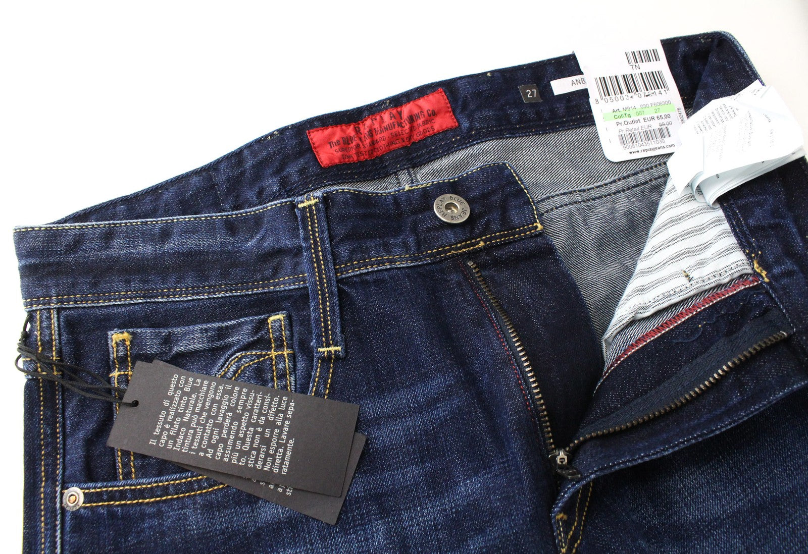 REPLAY Anbass Men Jeans W27/L30 Dark Blue Non-Stretch Slim Fit Zip-Fly Classic