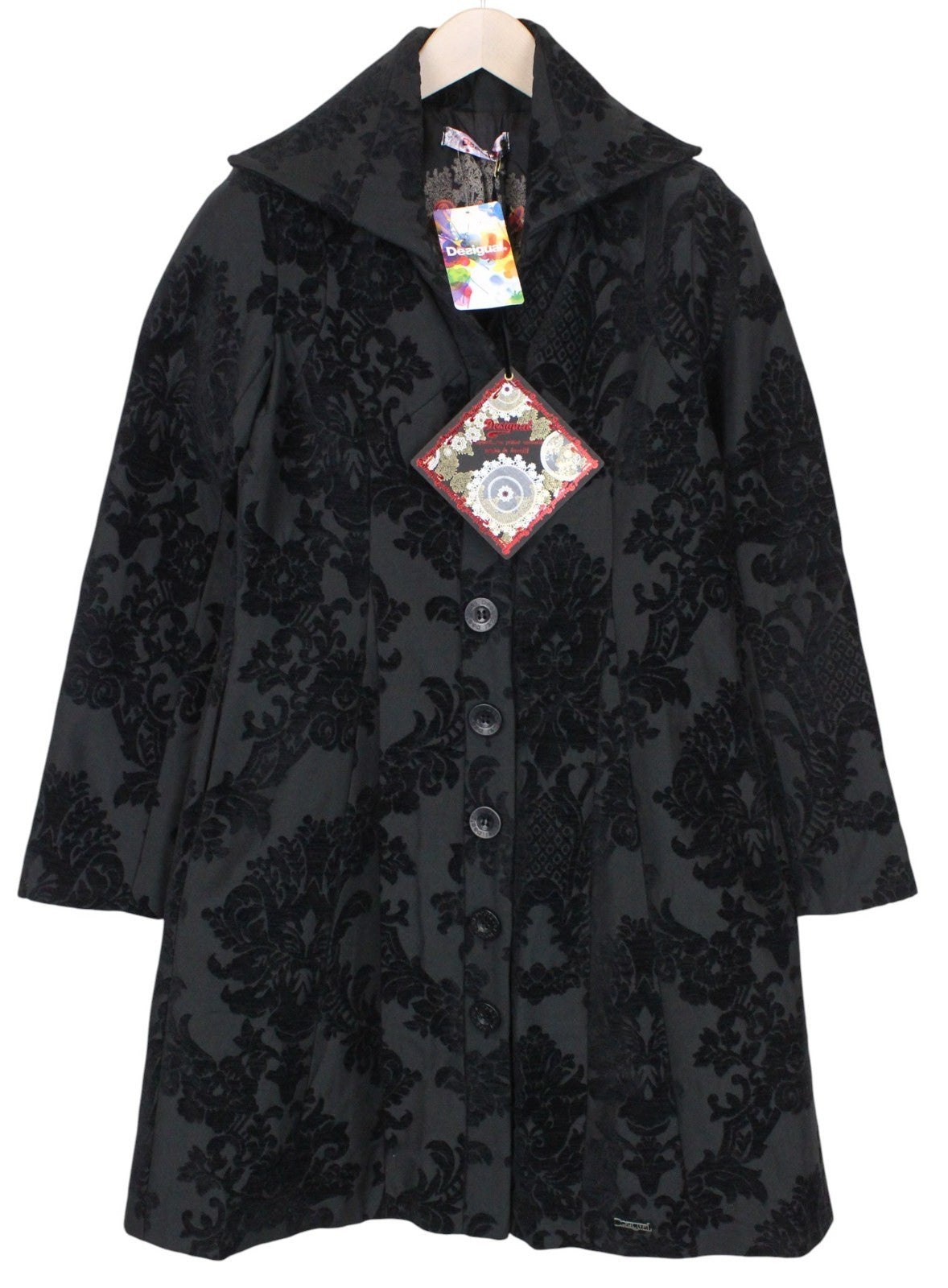 DESIGUAL Dable Women Coat EU38 M Black Jacquard Pattern Designer Mid-Length