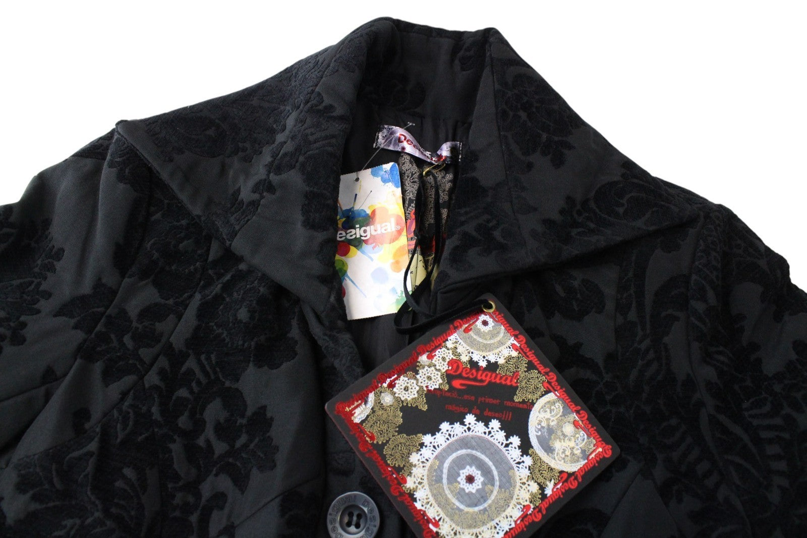 DESIGUAL Dable Women Coat EU38 M Black Jacquard Pattern Designer Mid-Length
