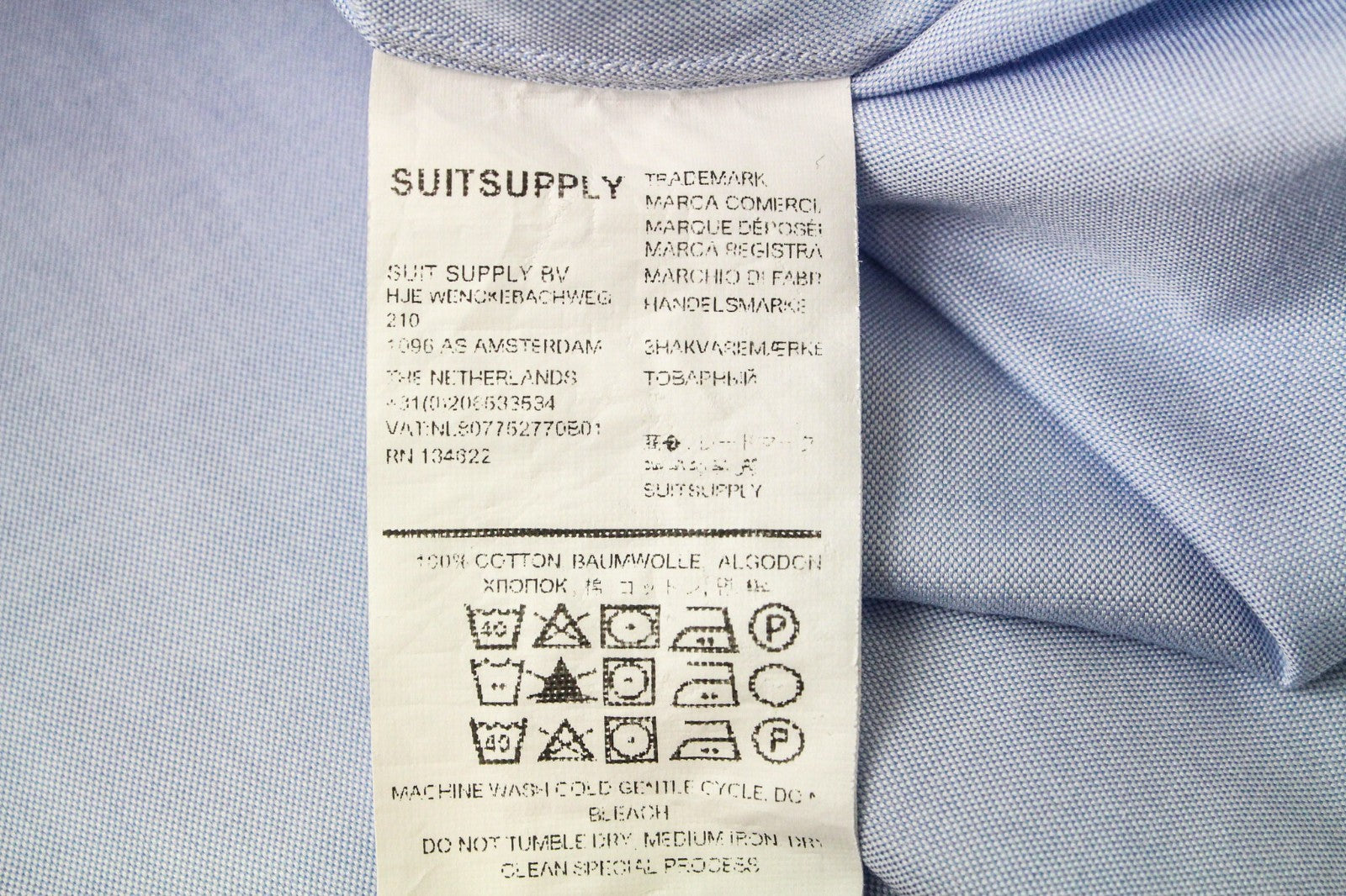 SUITSUPPLY Men Shirt 47/18 1/2 Extra Slim Fit Light Blue Cotton Long Sleeve