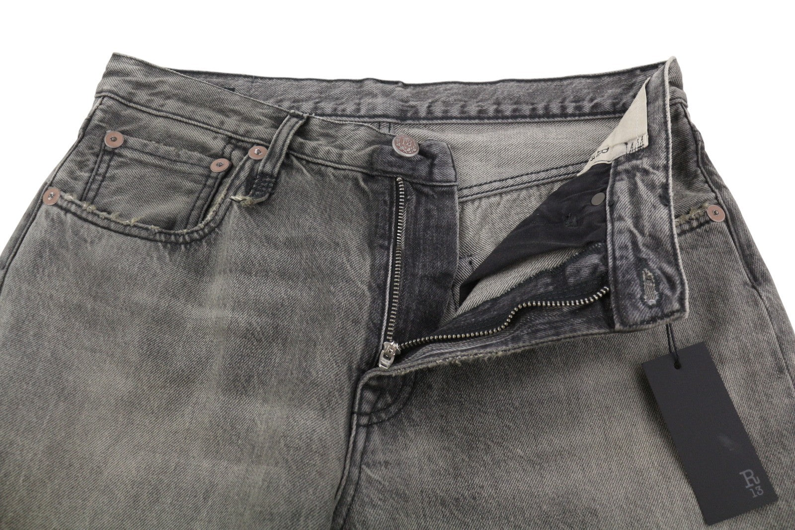 R13 D'Arcy Loose Women Jeans 27 Leyton Black Fade Whisker Rip PF26