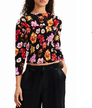 DESIGUAL Blus Rosa Women Blouse L Bright Floral Cropped 3/4 Sleeve