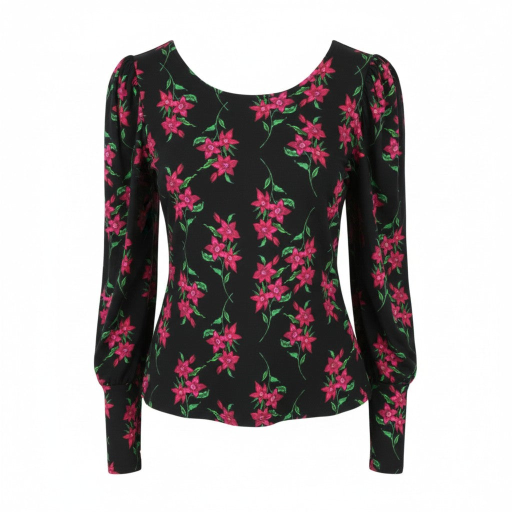 DESIGUAL TS Kim Women Blouse XL Black Floral Cutout Back Long Sleeve