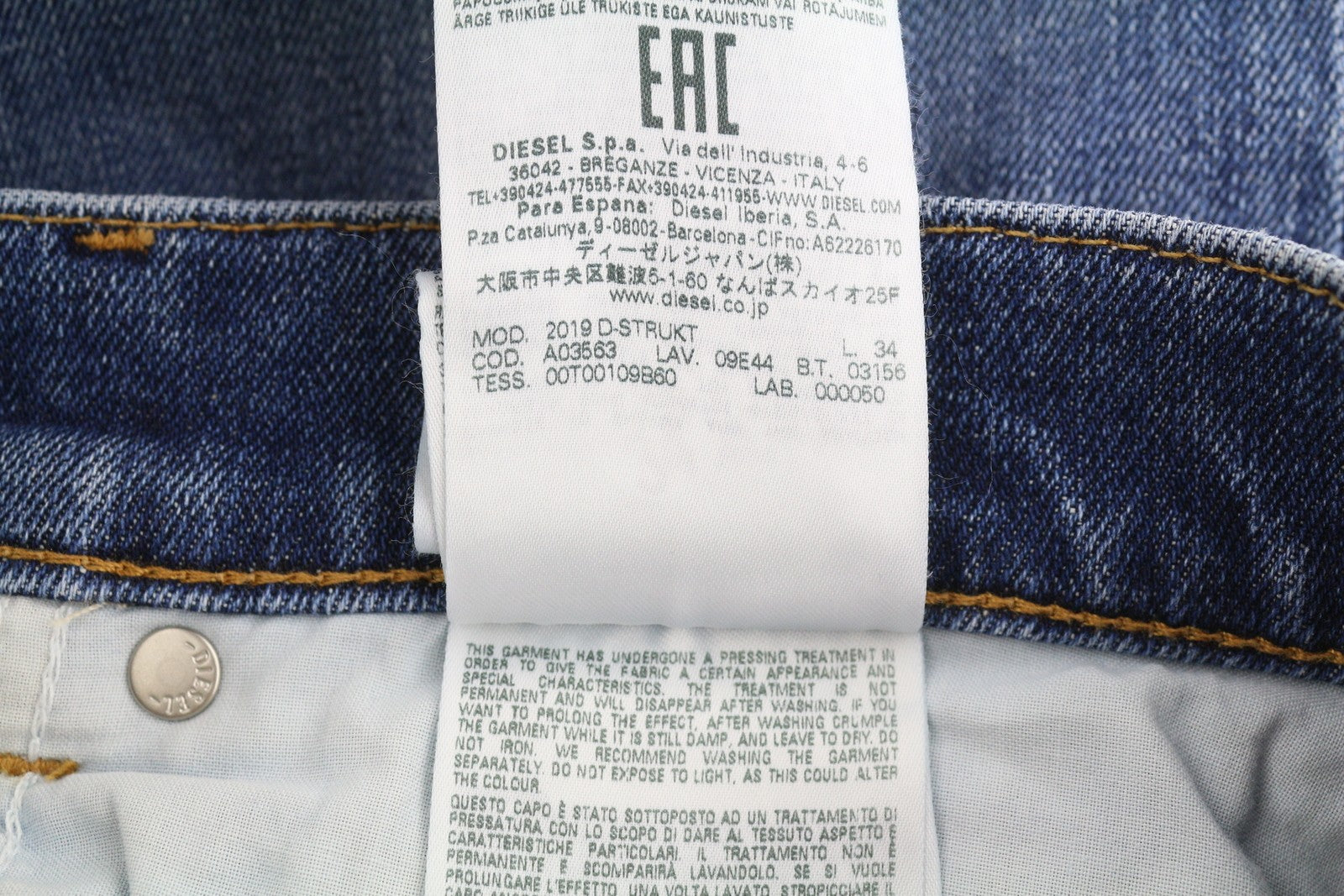 DIESEL 2019 D-Strukt 09E44 Men Jeans W30/L34 Blue Whisker Ripped Slim