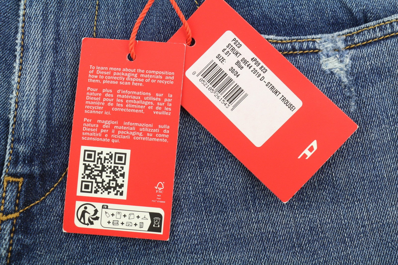 DIESEL 2019 D-Strukt 09E44 Men Jeans W30/L34 Blue Whisker Ripped Slim