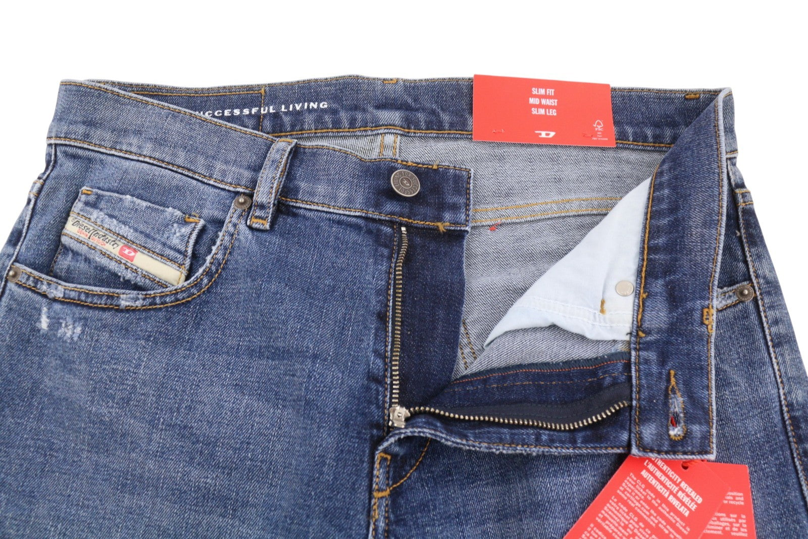 DIESEL 2019 D-Strukt 09E44 Men Jeans W30/L34 Blue Whisker Ripped Slim