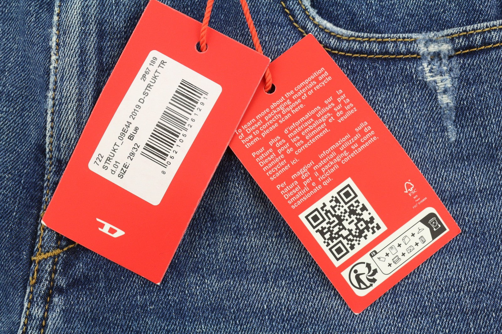 DIESEL 2019 D-Strukt 09E44 Men Jeans W29/L32 Blue Whisker Distress Slim