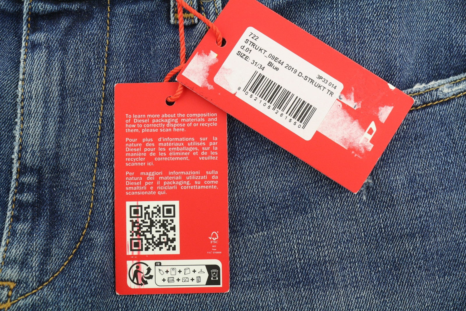 DIESEL 2019 D-Strukt 09E44 Men Jeans W31/L34 Blue Fade Distressed Slim