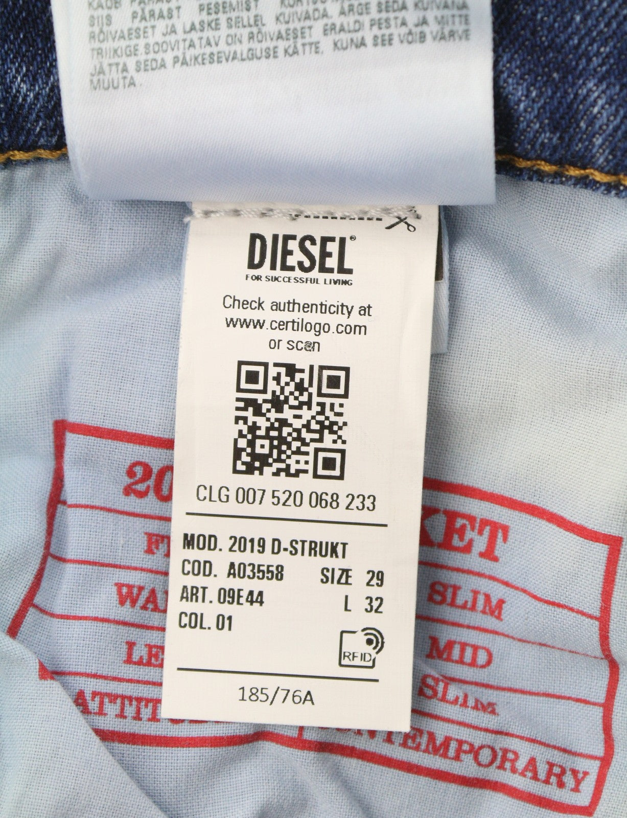 DIESEL 2019 D-Strukt 09E44 Men Jeans W29/L32 Blue Whisker Rip Slim Fit
