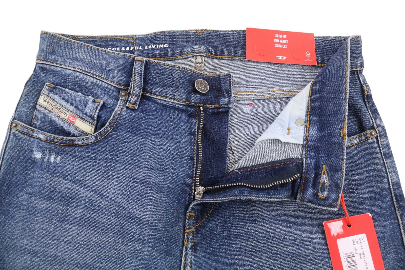 DIESEL 2019 D-Strukt 09E44 Men Jeans W29/L32 Blue Whisker Rip Slim Fit