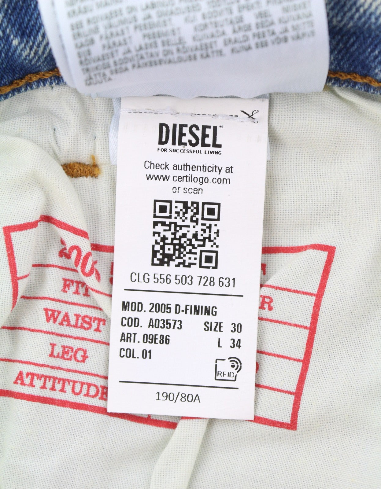 DIESEL 2005 D-Fining 09E86 Men Jeans W30/L34 Blue Fade Regular Tapered