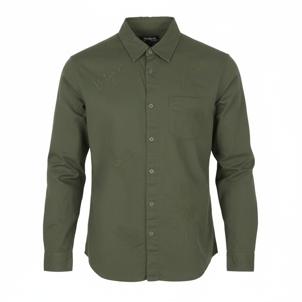 DESIGUAL Cam Marcos Men Shirt M Khaki Embroidered Button-Up Casual