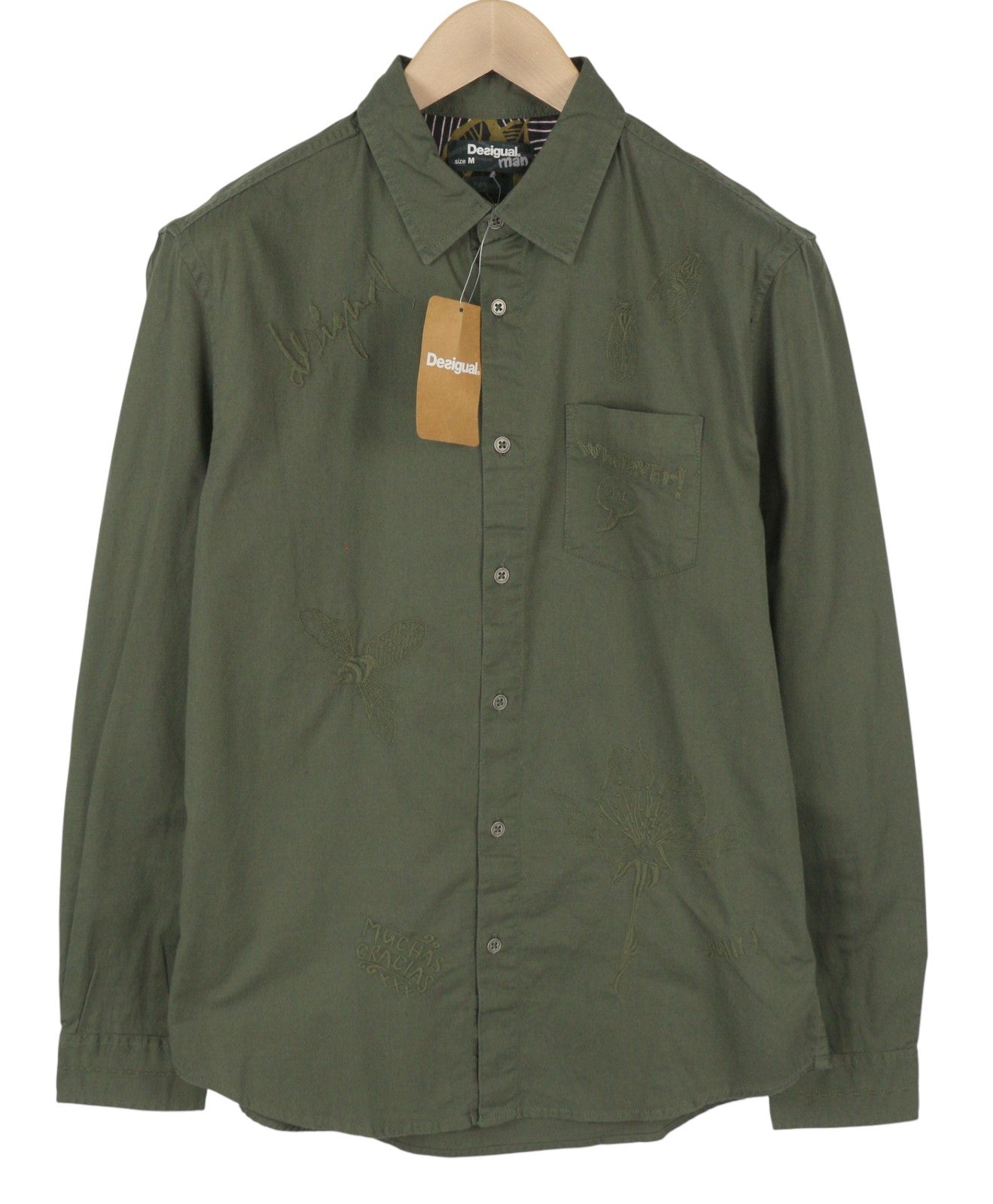 DESIGUAL Cam Marcos Men Shirt M Khaki Embroidered Button-Up Casual