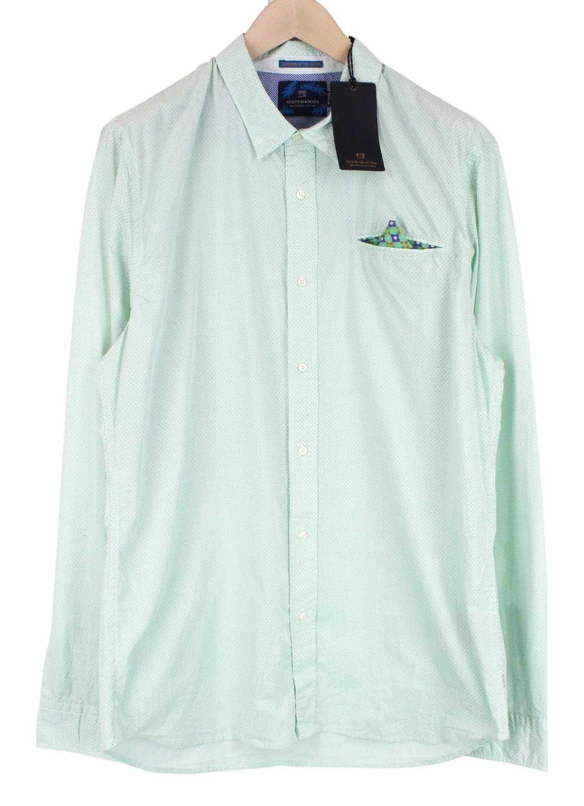 SCOTCH & SODA Men Shirt 2XL Green Button-Up Twill Polka Dot Pocket Square