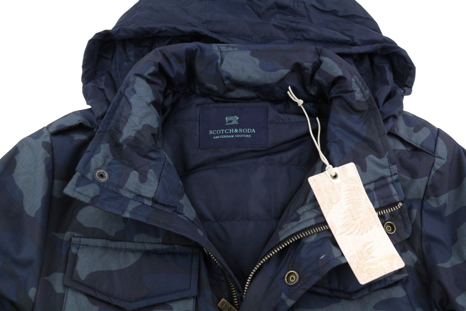 SCOTCH & SODA Men Jacket S Blue Camo Padded Full Zip Hidden Hood