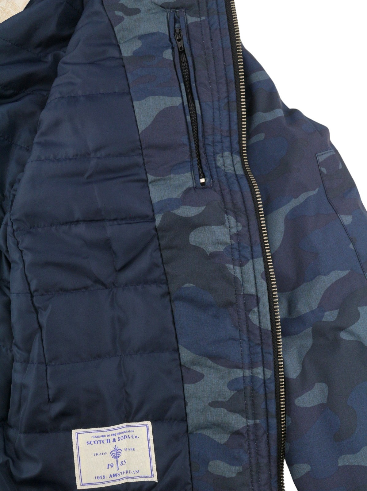 SCOTCH & SODA Men Jacket S Blue Camo Padded Full Zip Hidden Hood