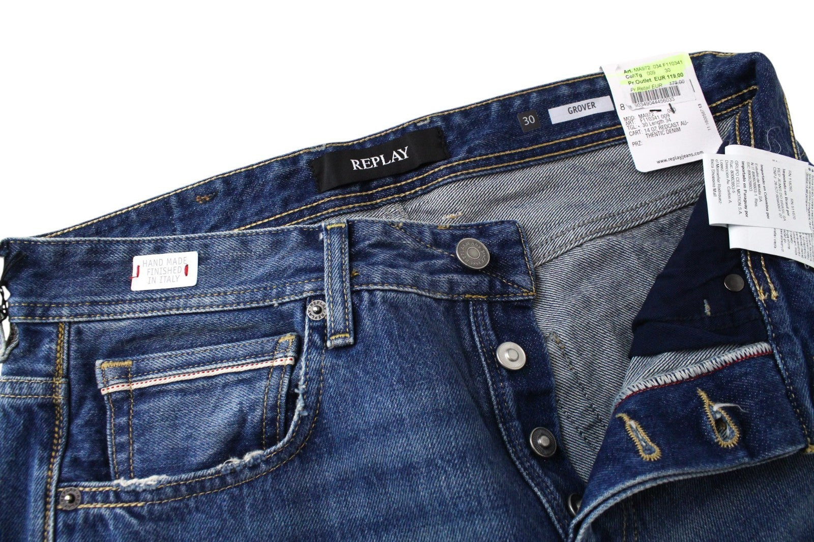 REPLAY Grover Men Jeans W30/L34 Straight Fit Blue Cotton Washed Distressed