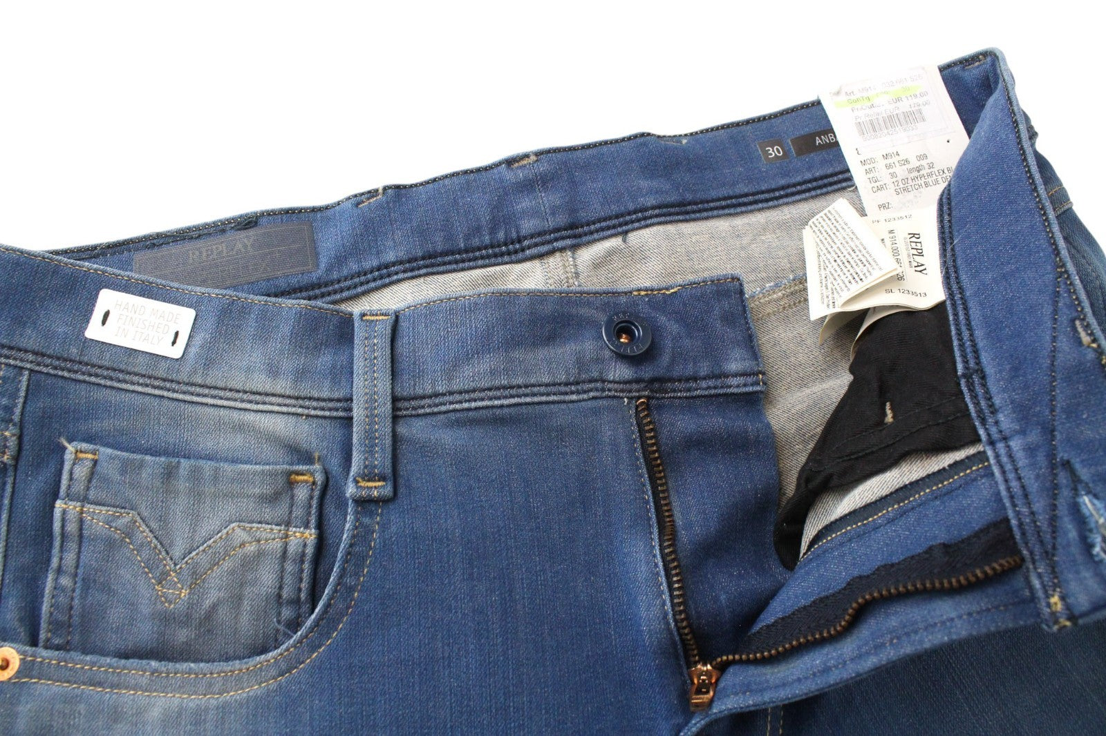 REPLAY Anbass Men Jeans W30/L32 Slim Fit Washed Cotton Stretch Blue 5-Pocket