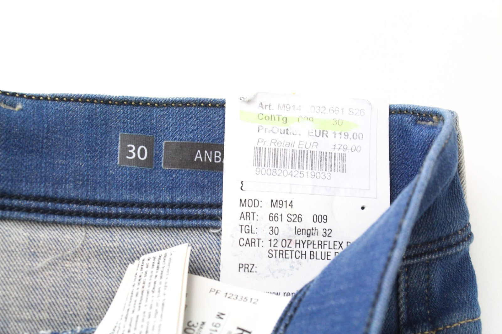 REPLAY Anbass Men Jeans W30/L32 Slim Fit Washed Cotton Stretch Blue 5-Pocket
