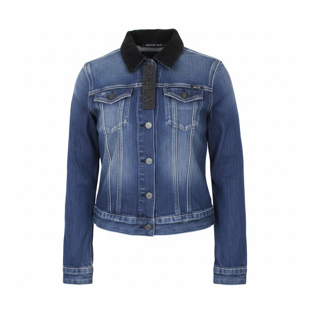 REPLAY Women Jacket S Cropped Casual Blue Cotton Wash Collared Button-Up Denim
