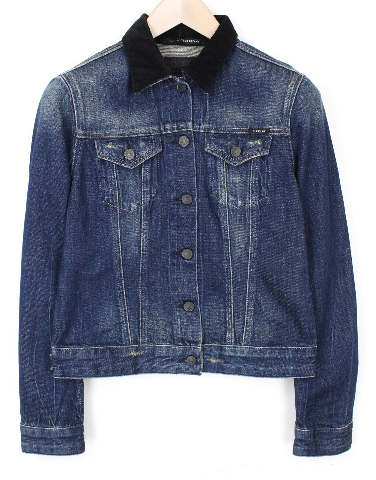 REPLAY Women Jacket S Cropped Casual Blue Cotton Wash Collared Button-Up Denim