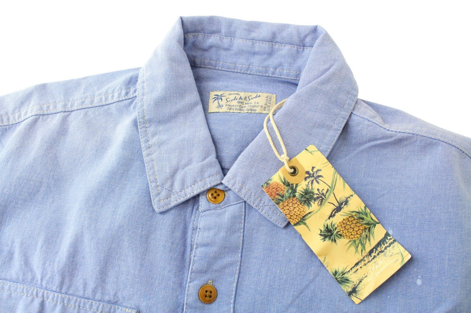 SCOTCH & SODA Men Shirt M Light Blue Melange Painted Cotton Classic Button Up