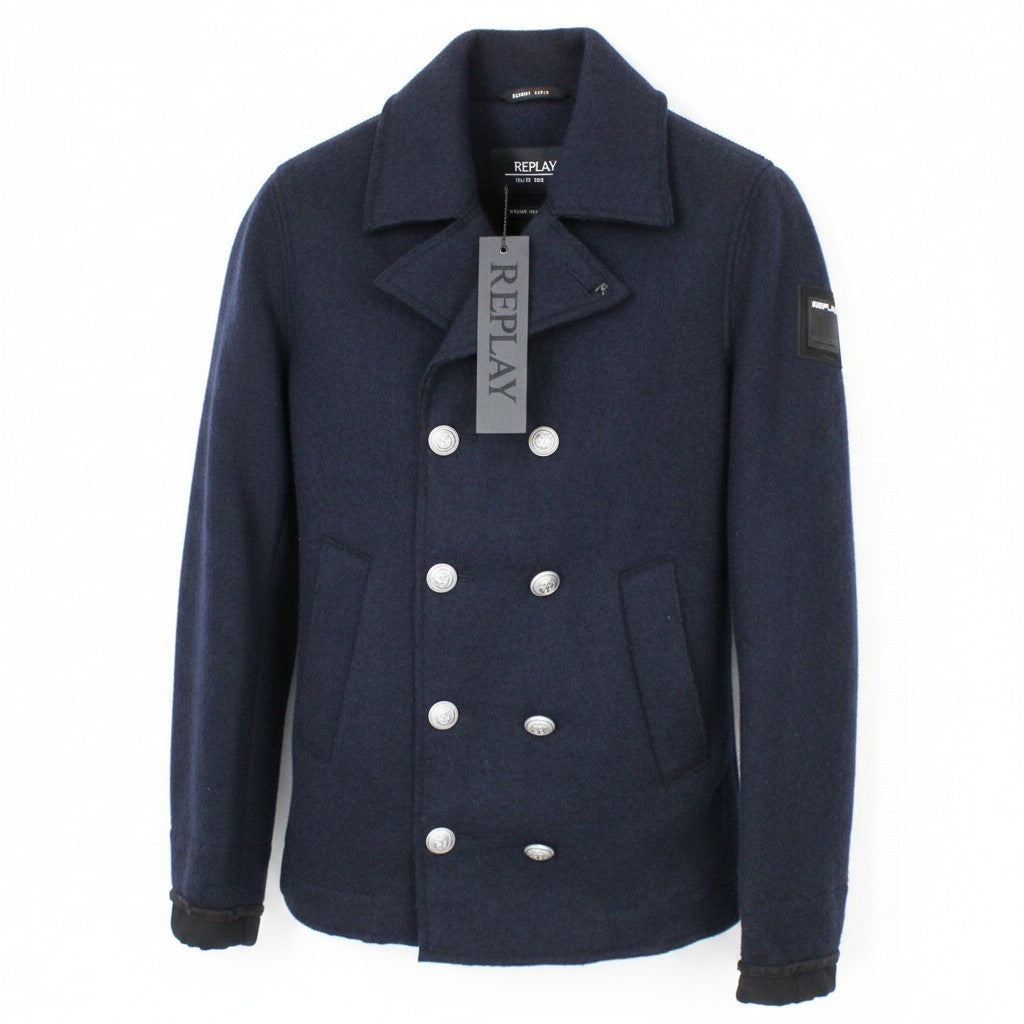 REPLAY Men Coat L Marine Blue Double-Breasted Wool Blend Classic Lined Notch