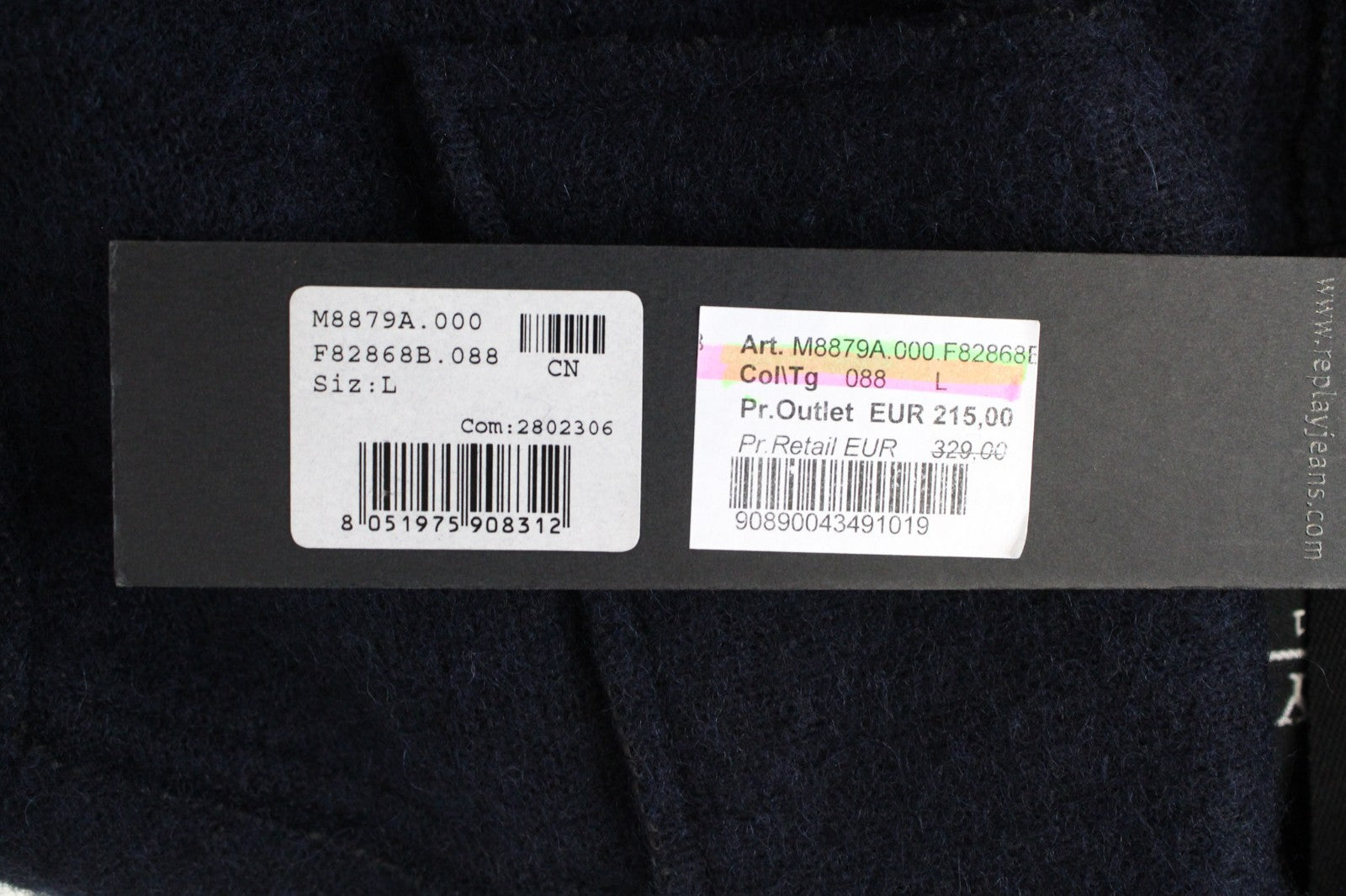 REPLAY Men Coat L Marine Blue Double-Breasted Wool Blend Classic Lined Notch