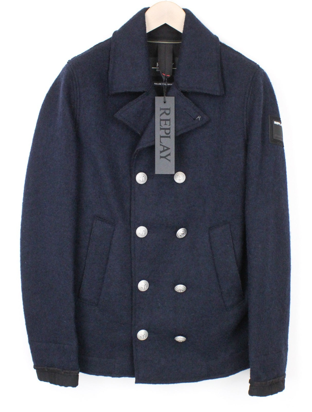 REPLAY Men Coat L Marine Blue Double-Breasted Wool Blend Classic Lined Notch
