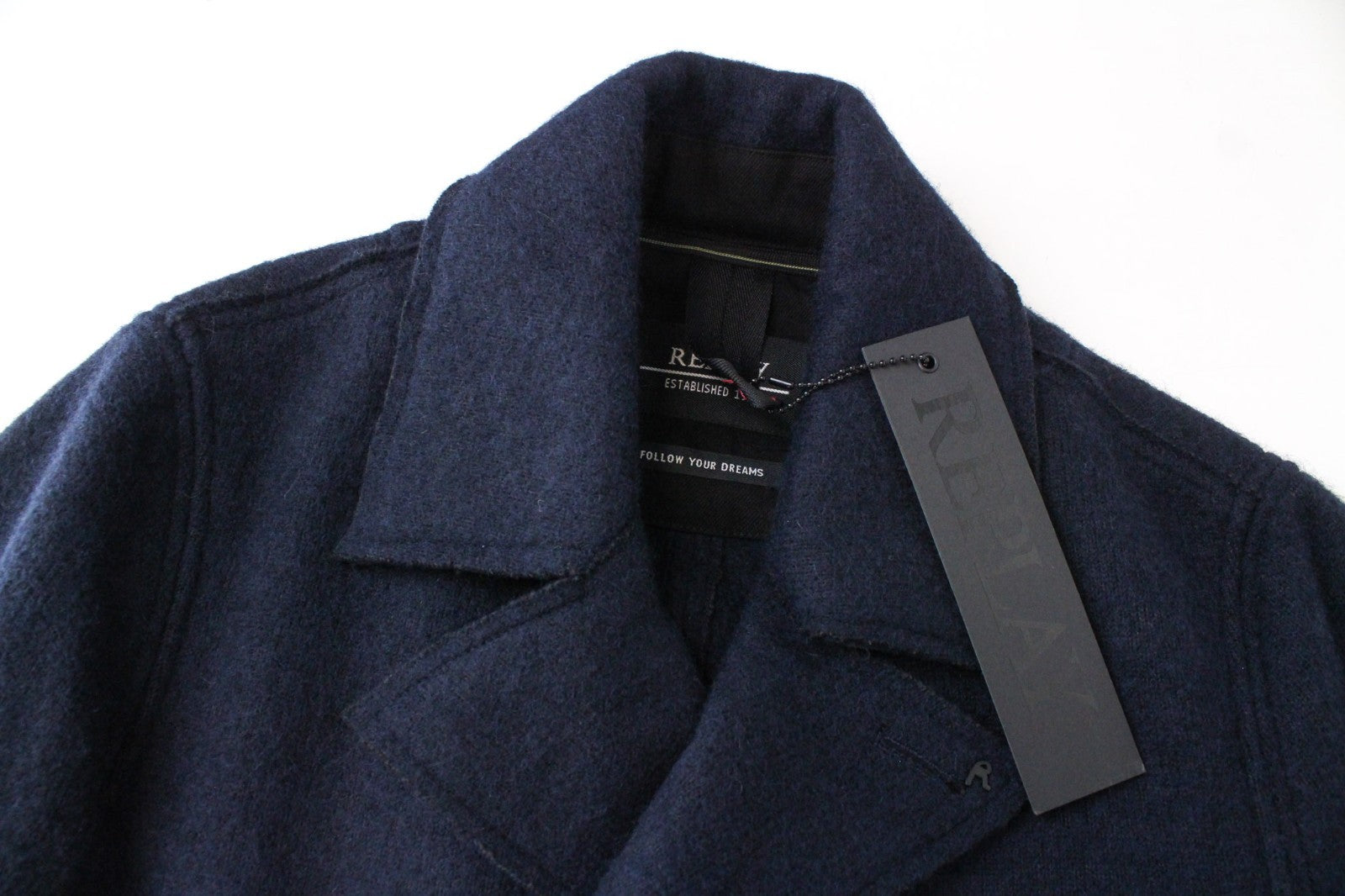 REPLAY Men Coat L Marine Blue Double-Breasted Wool Blend Classic Lined Notch