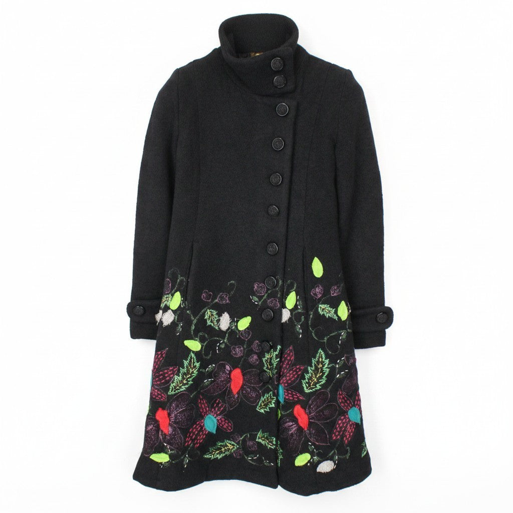 DESIGUAL Women Coat EU34 XS Black Jacquard Embroidery Nature Mid-Length