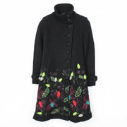 DESIGUAL Women Coat EU34 XS Black Jacquard Embroidery Nature Mid-Length
