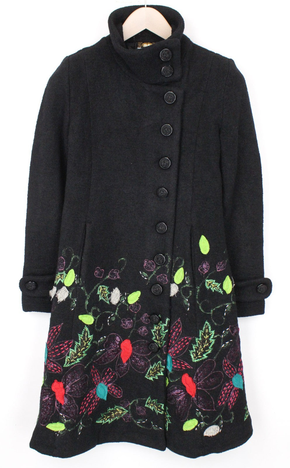 DESIGUAL Women Coat EU34 XS Black Jacquard Embroidery Nature Mid-Length