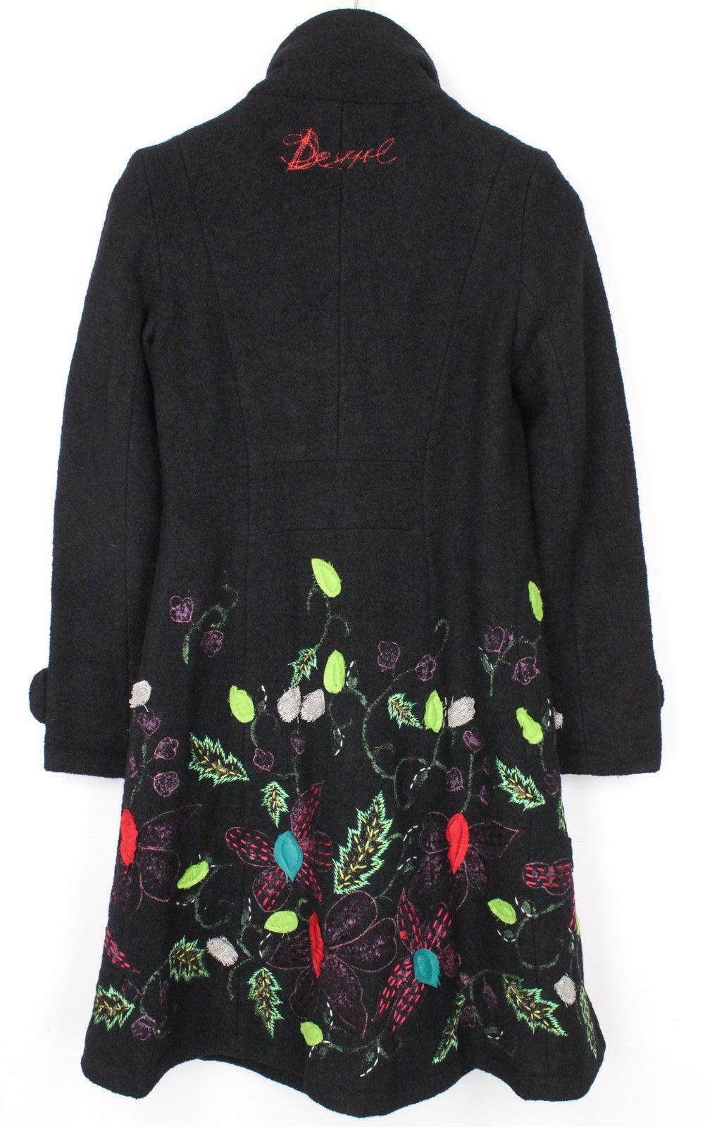 DESIGUAL Women Coat EU34 XS Black Jacquard Embroidery Nature Mid-Length