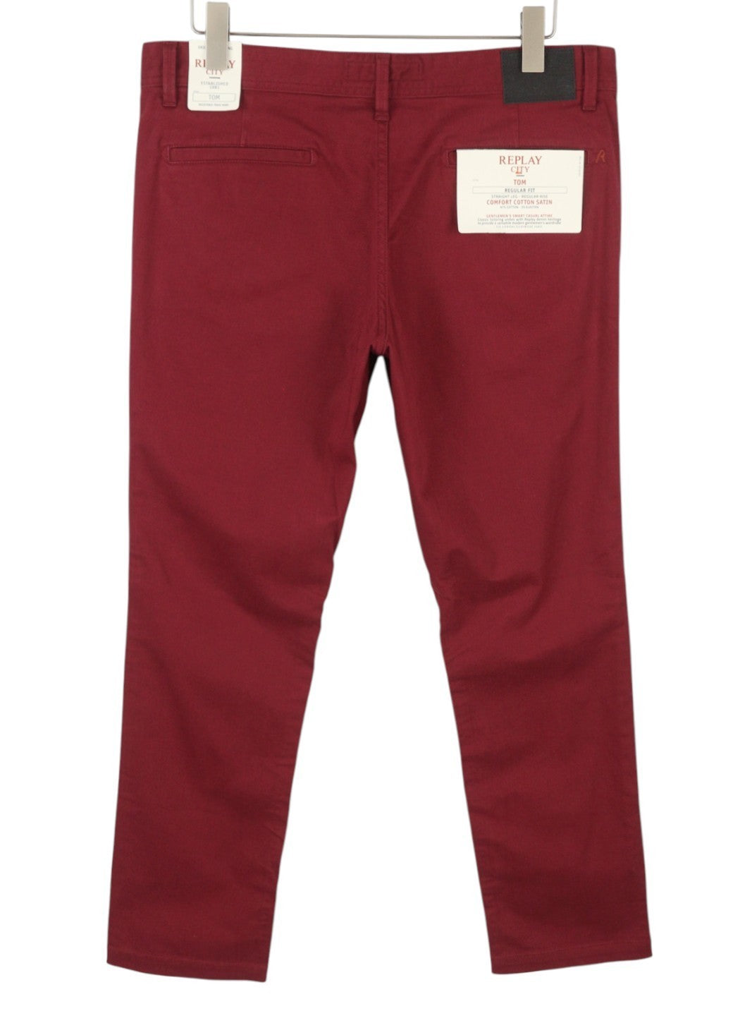 REPLAY Tom M9597 Men's Trousers W34/L32 Dark Red Zip Fly Regular Chino