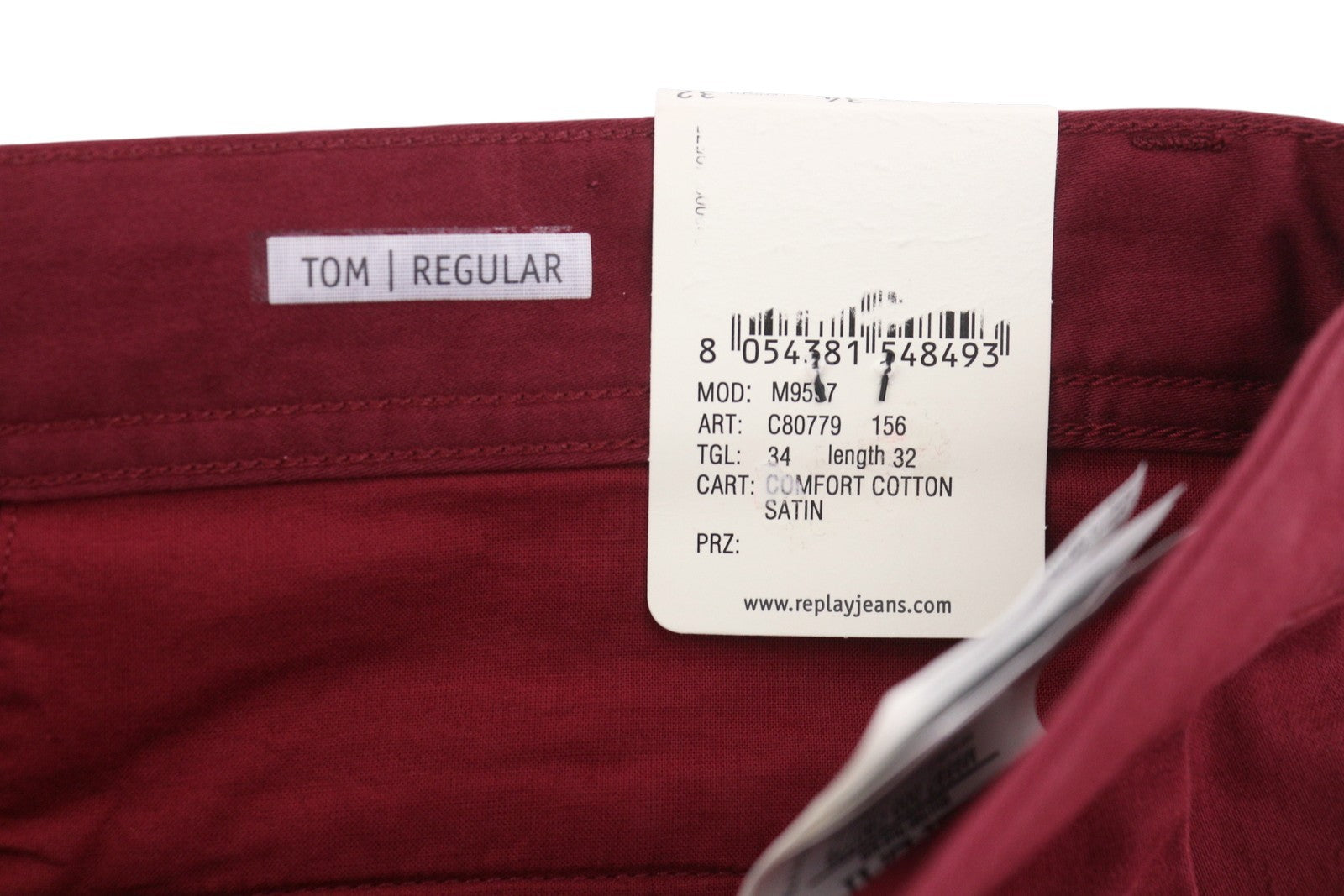 REPLAY Tom M9597 Men's Trousers W34/L32 Dark Red Zip Fly Regular Chino