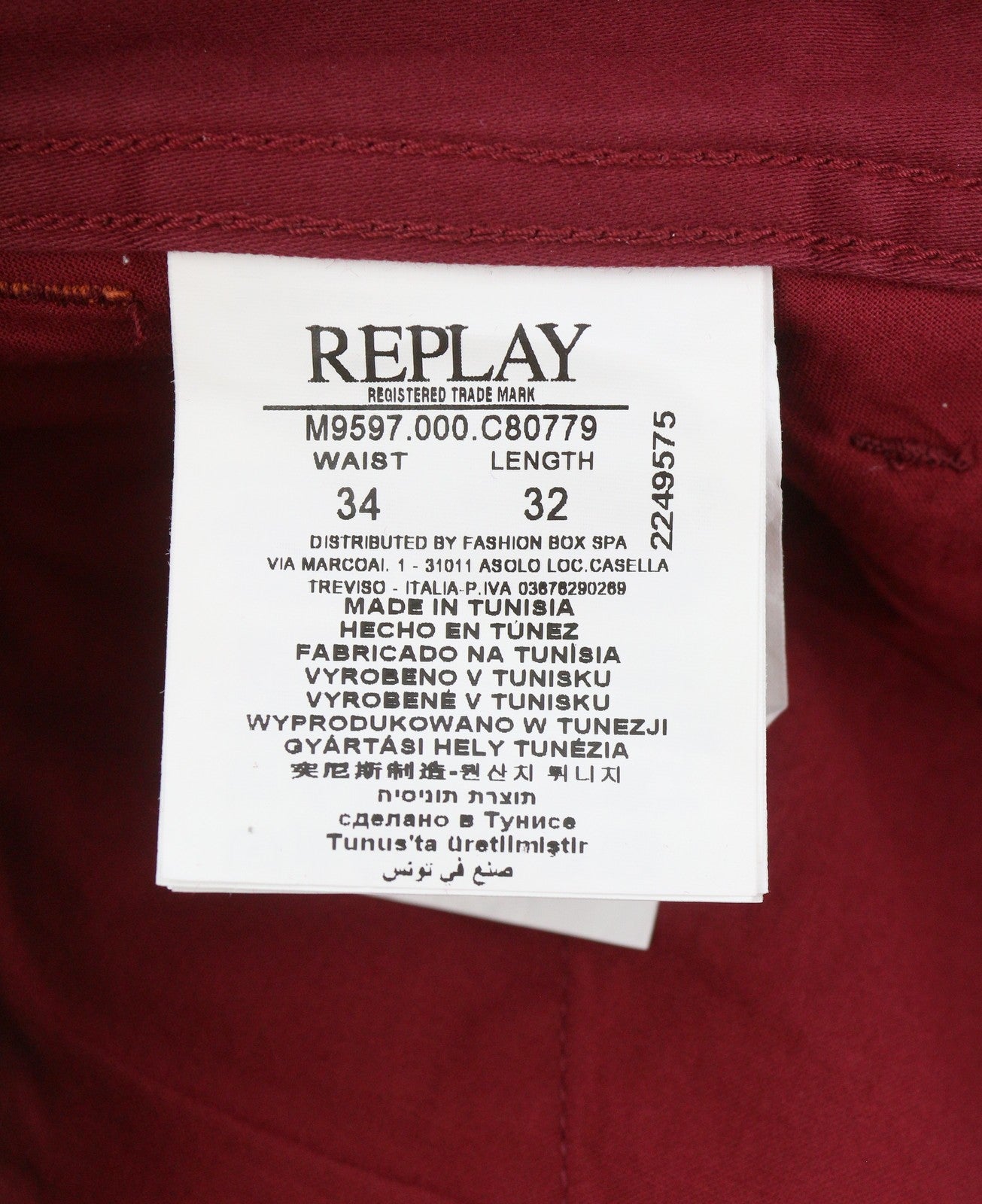 REPLAY Tom M9597 Men's Trousers W34/L32 Dark Red Zip Fly Regular Chino