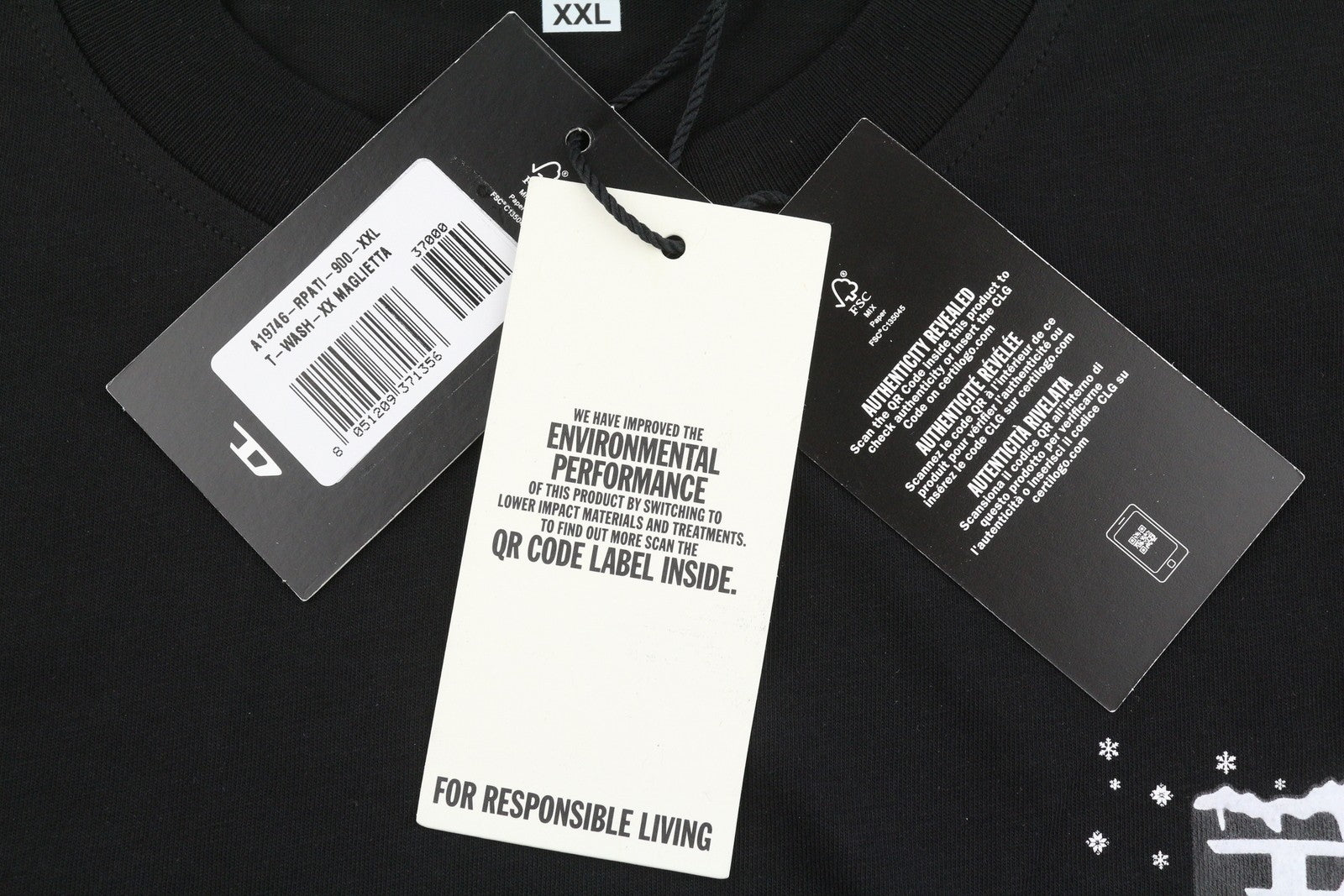 DIESEL T-Wash-XX Men T-Shirt 2XL Black Loose Fit Cotton Tricot Crew Short Sleeve