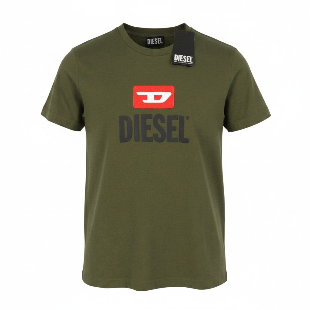 DIESEL T-Diego New D Logo Men T-Shirt XL Khaki Green Cotton Tricot Short Sleeve