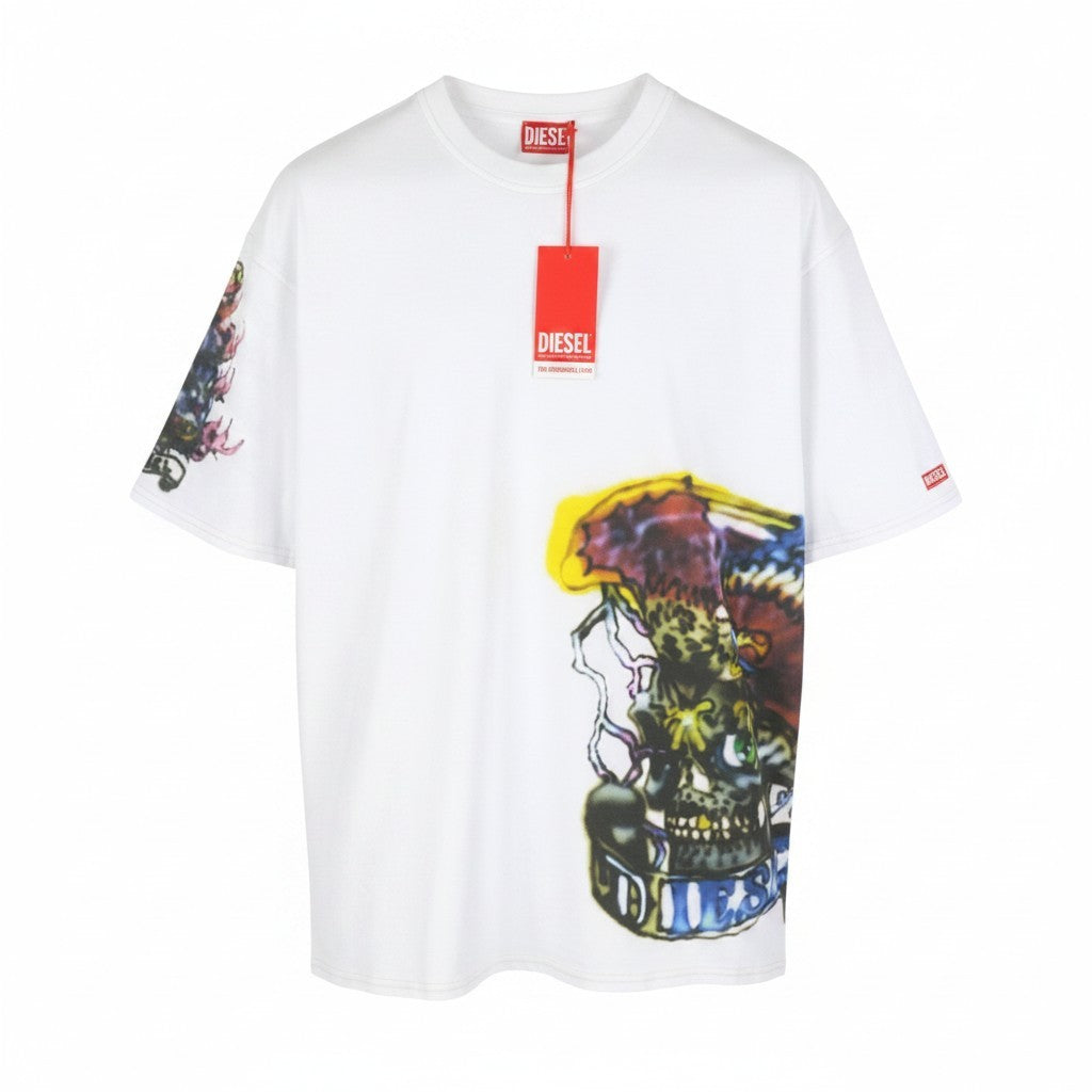 DIESEL T-Boxt-Q14 Men T-Shirt L White Patterned Cotton Tricot Short Sleeve