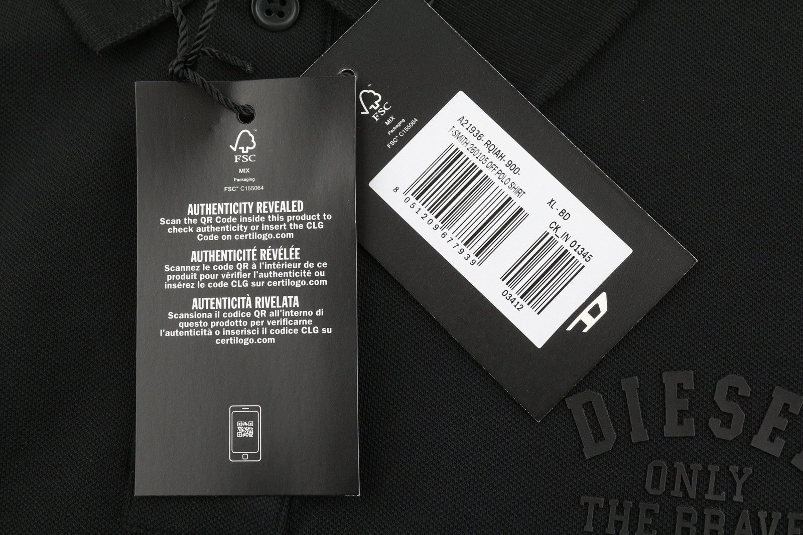 DIESEL T-Smith 260105 Off Men Polos XL Black Front Logo Short Sleeve