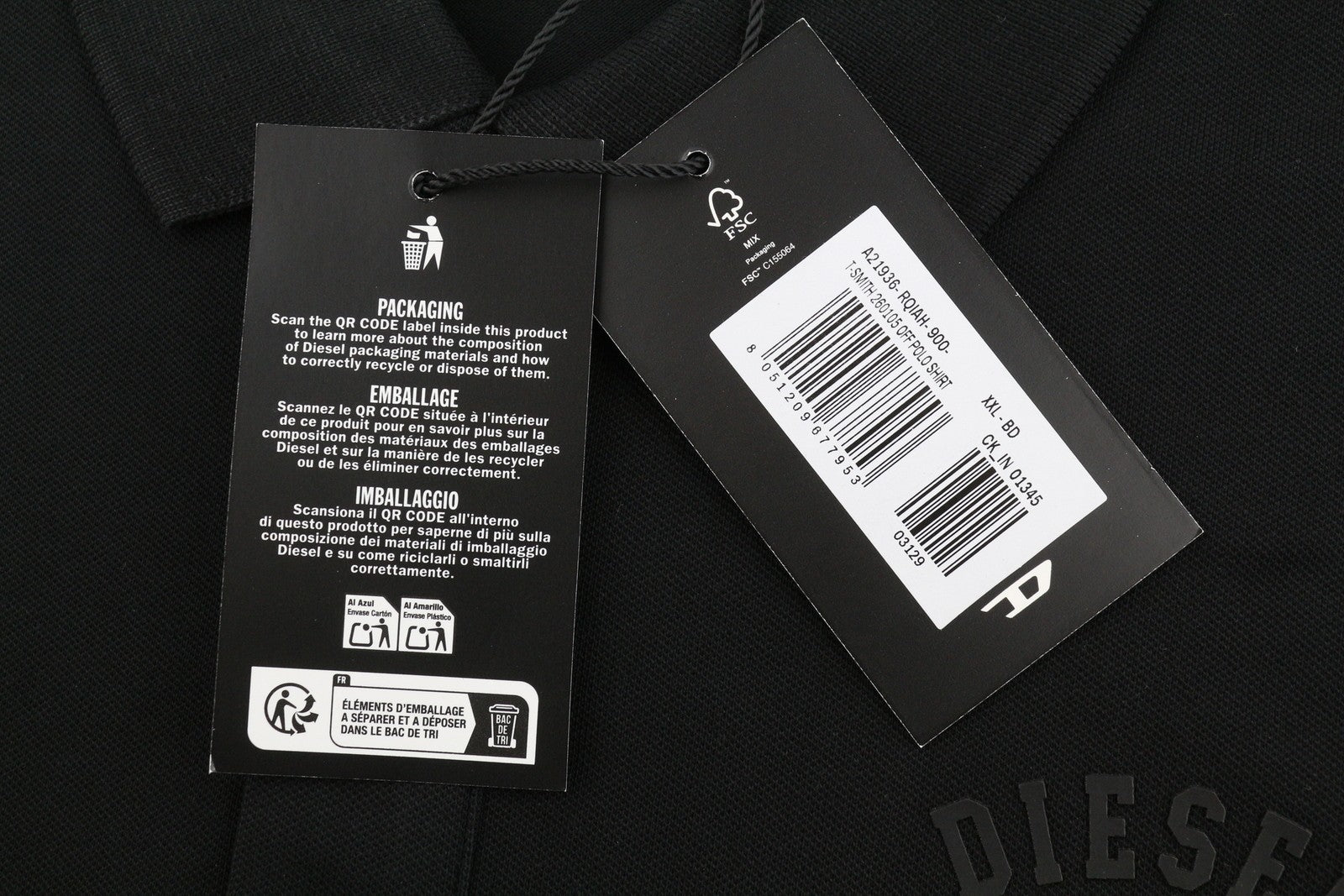DIESEL T-Smith 260105 Off Men Polos 2XL Black Front Logo Short Sleeve