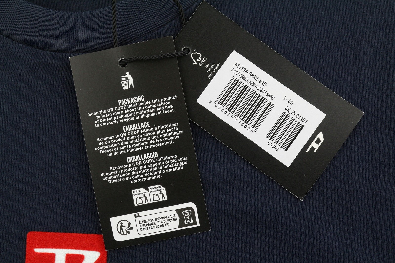 DIESEL T-Just-Small-New D Logo Men T-Shirt L Blue Cotton Tricot Short Sleeve