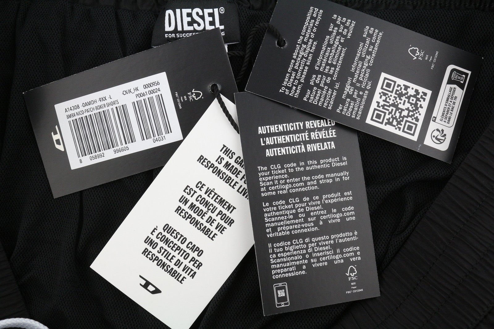 DIESEL Bmbx-Nico-Patch Men Swimwear L Black Elastic Drawstring Waist Beach
