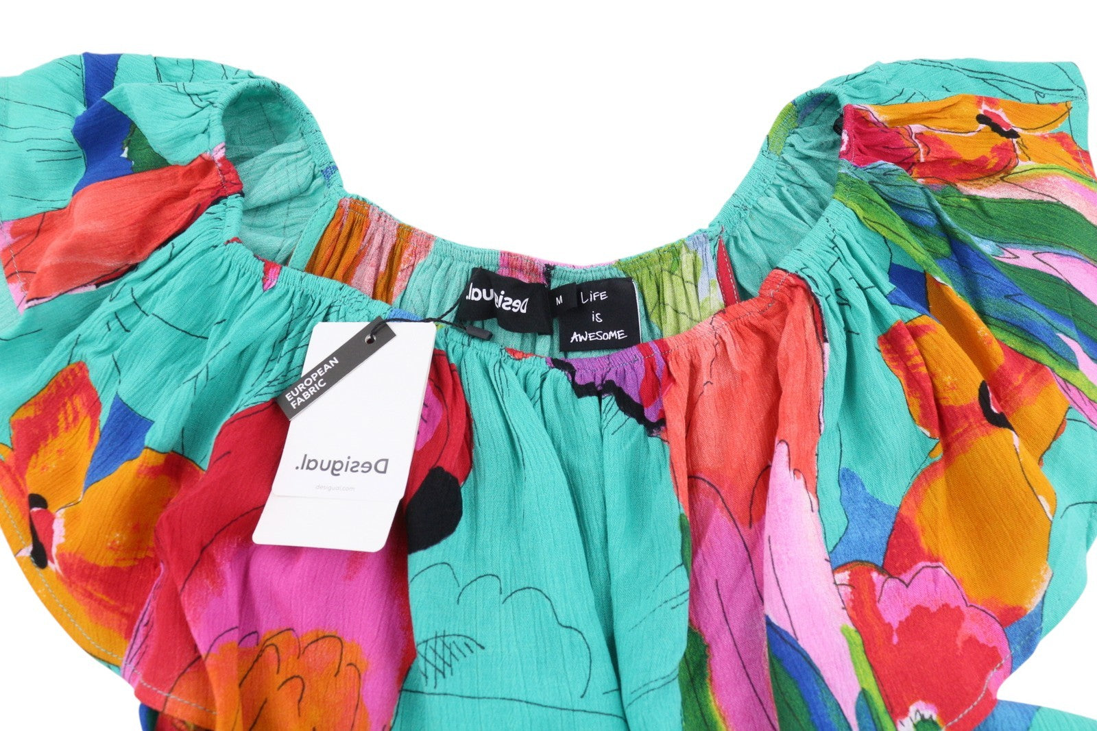 DESIGUAL Vest Pahoa Women's Dress M Floral Ruffle Neck Split Midi