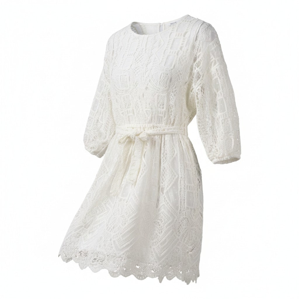 DESIGUAL Aster Women's Dress M White Embroidered Belted 3/4 Sleeve