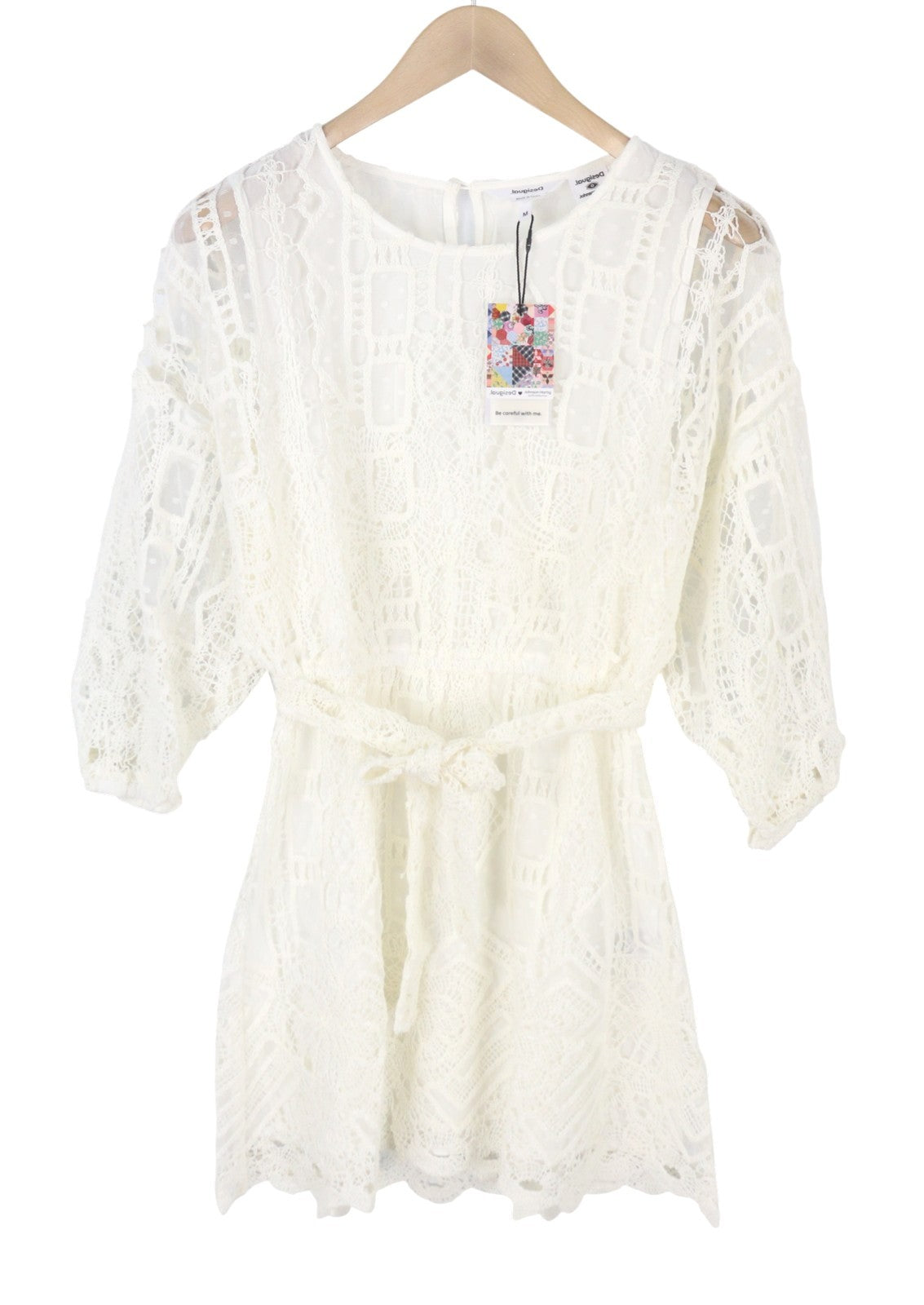 DESIGUAL Aster Women's Dress M White Embroidered Belted 3/4 Sleeve