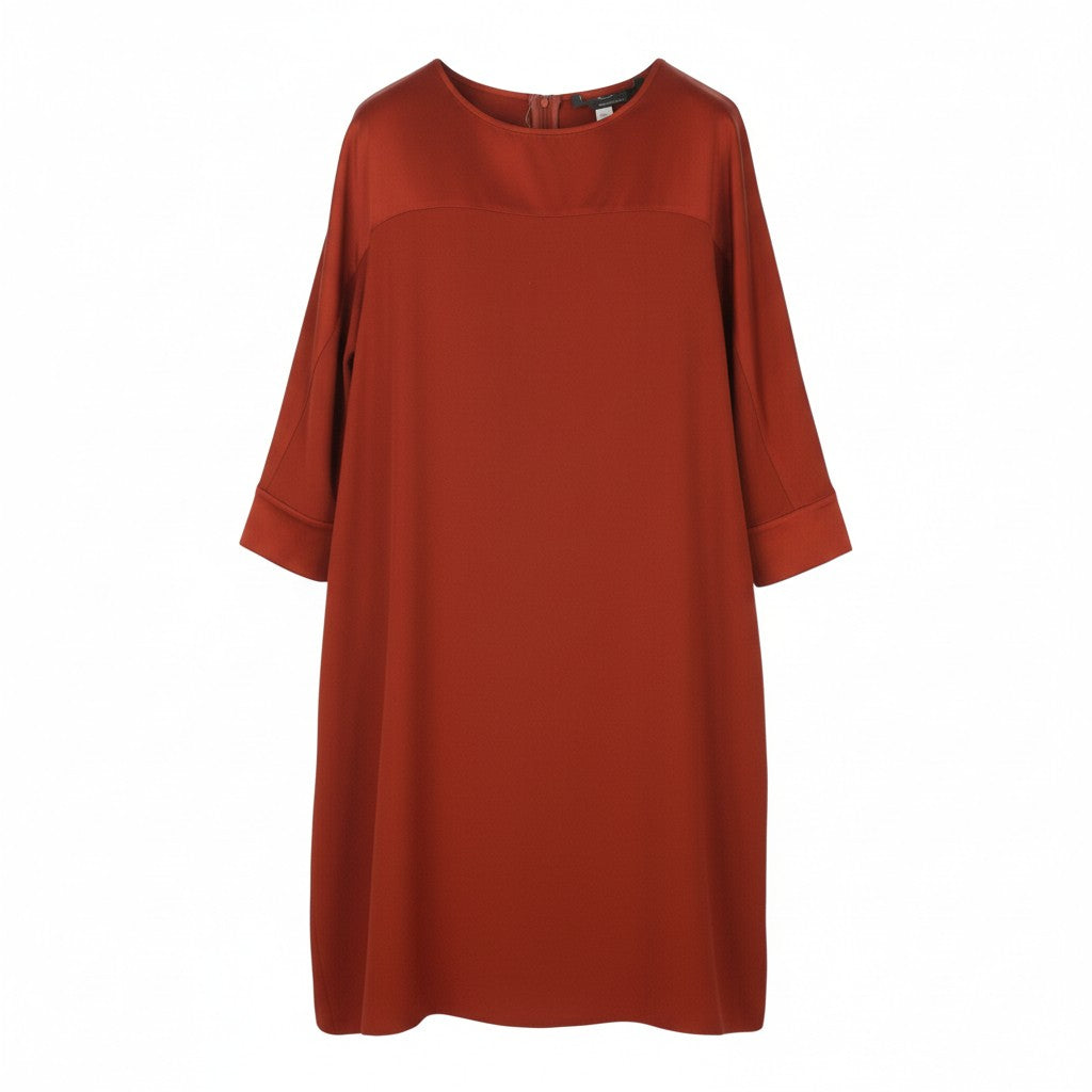 MARINA RINALDI Women's Dress EU54 Brick Red Round Neck 3/4 Sleeve Knee