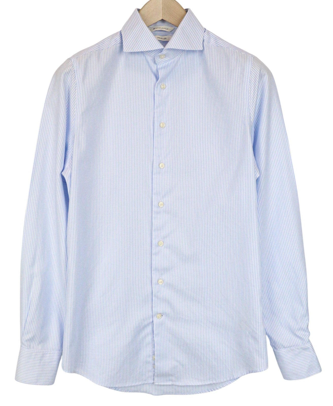 „SUITSUPPLY Traveller“ vyriški formalūs marškinėliai, 38/15, mėlyni, ploni, dryžuoti, grynos medvilnės. 